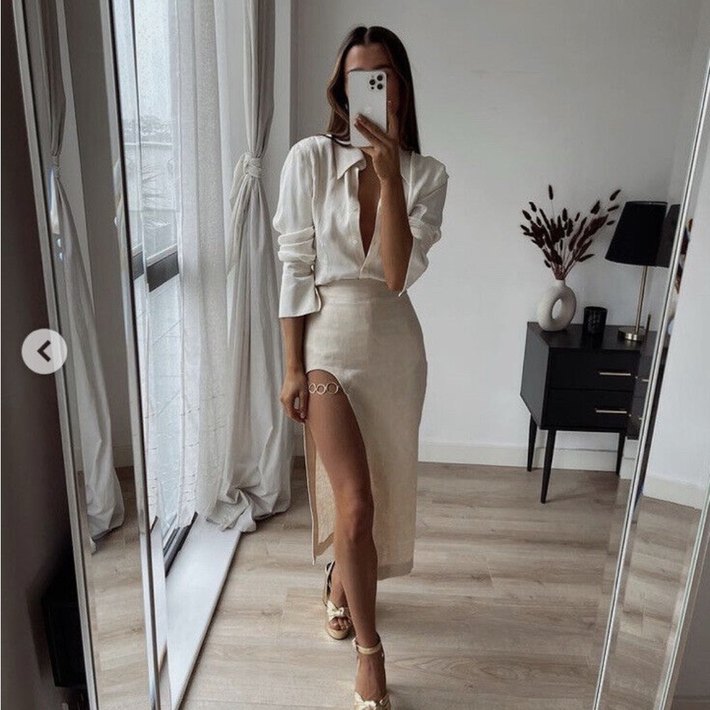 ZARA NWT SS21 WOMAN CUT OUT MIDI LINEN SKIRT WITH SLIT CHAIN NATURAL 2776/213